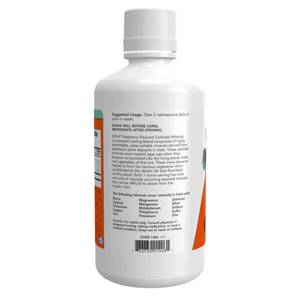 NOW Foods raspberry colloidal minerals liquid dispense for easy mixing in water