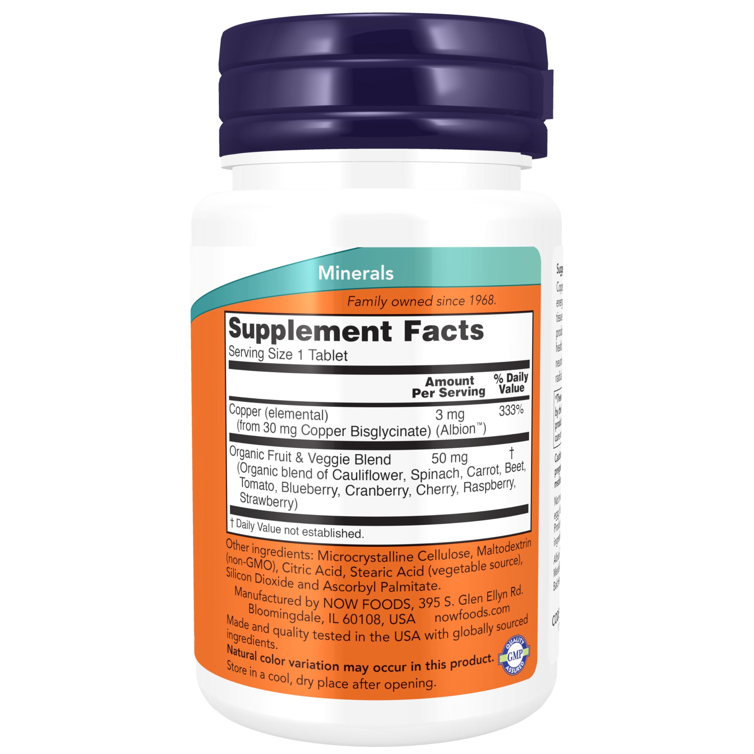 NOW Foods Copper Glycinate tablets close-up for structural health support.