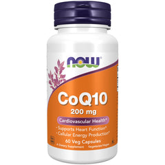 NOW Foods CoQ10 200 mg bottle label highlights pharmaceutical-grade energy support.