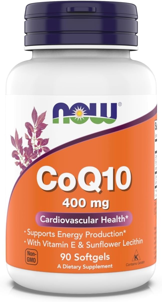 NOW Foods CoQ10 400 mg bottle label shows branding and dosage for easy recognition.