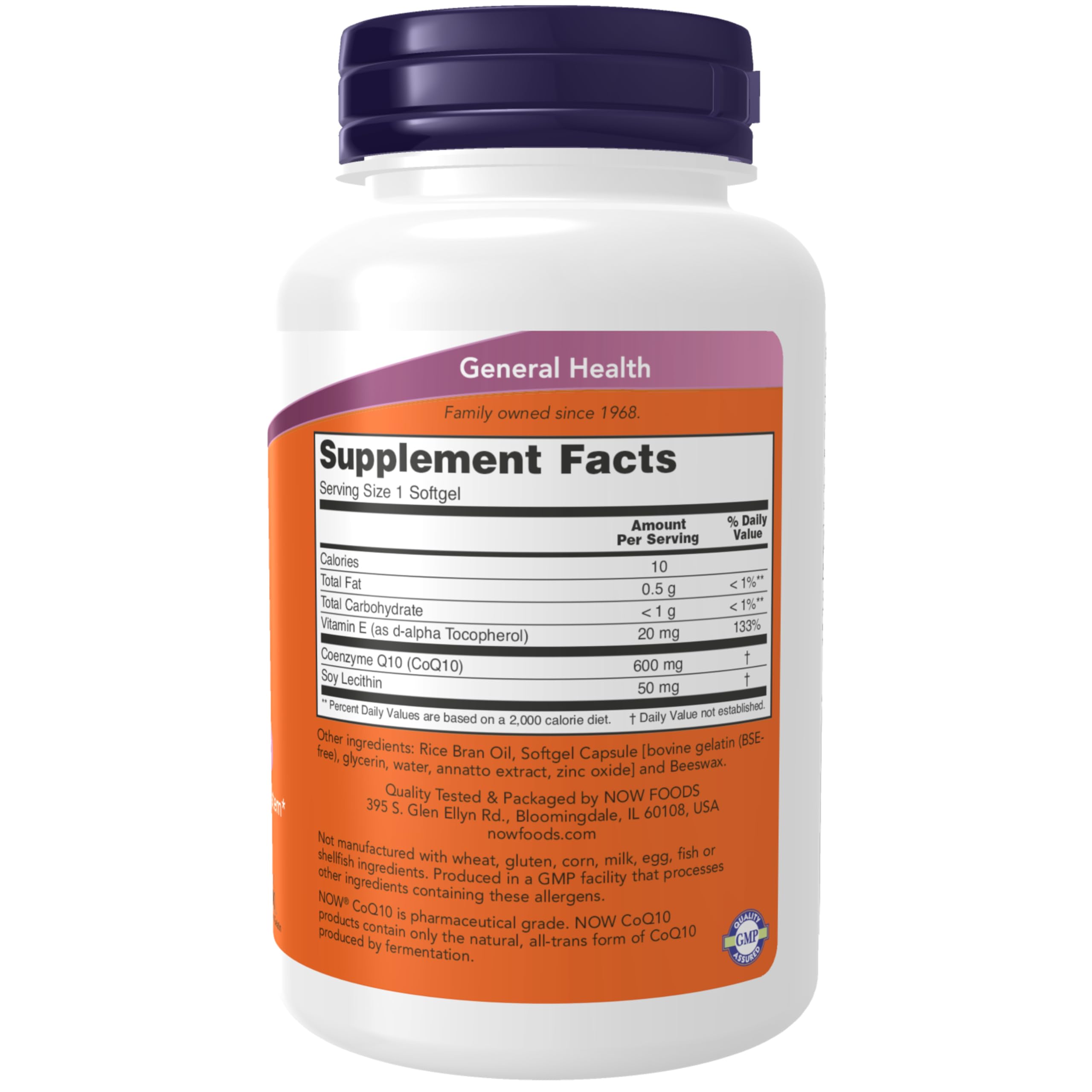 NOW Foods CoQ10 label on bottle shows clear dosage details