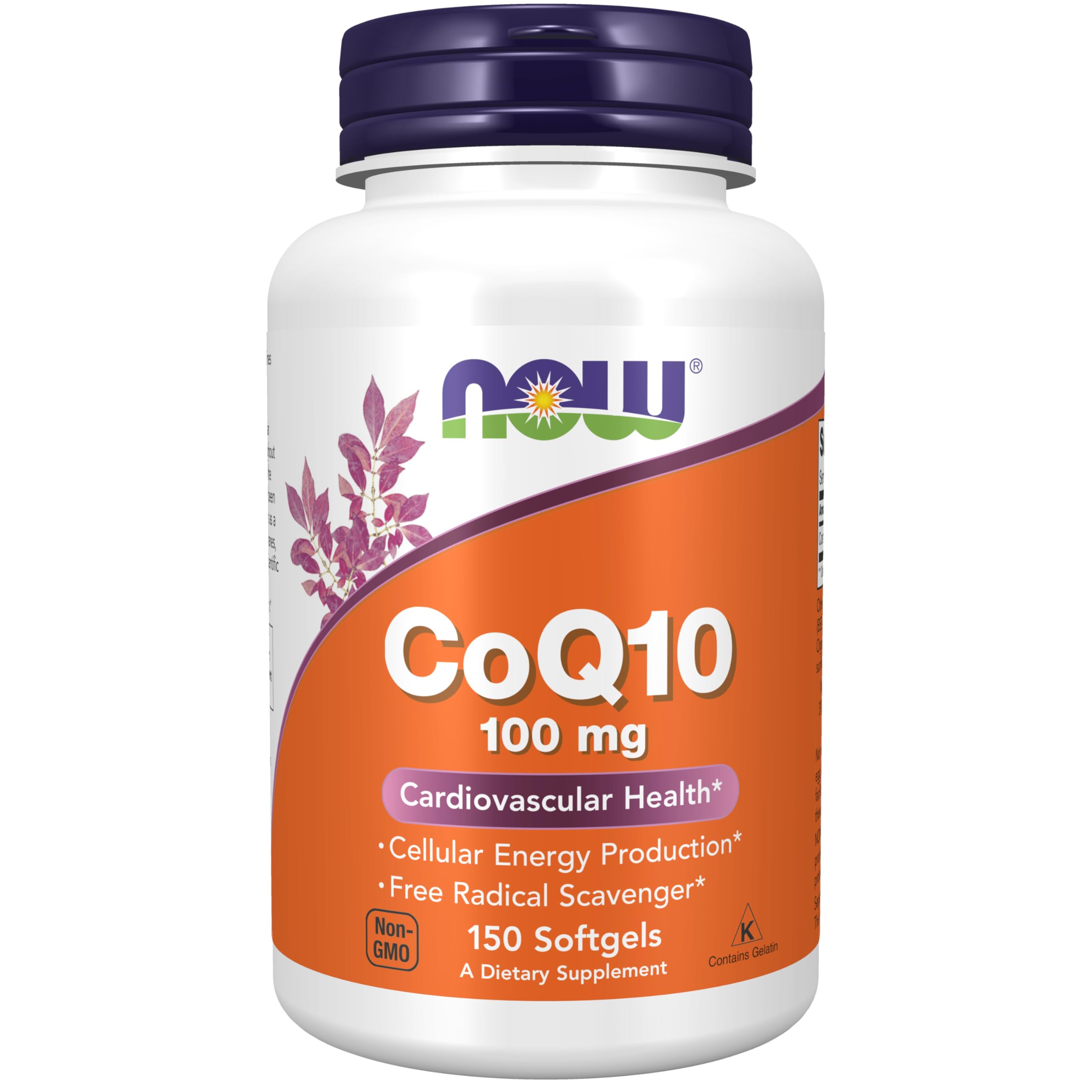 NOW Foods CoQ10 bottle front for daily cardiovascular support.