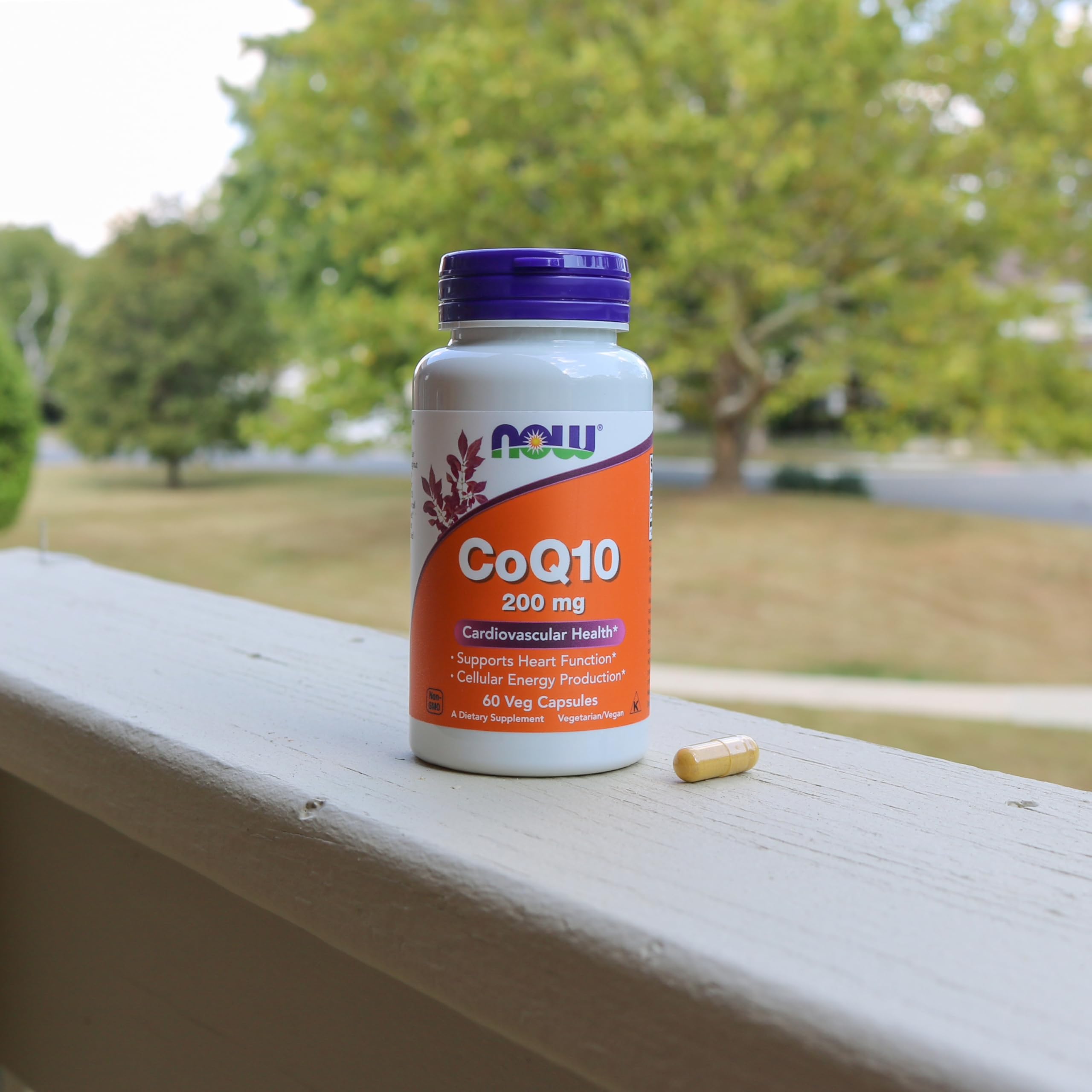 NOW Foods CoQ10 bottle on shelf signaling trusted brand heritage.