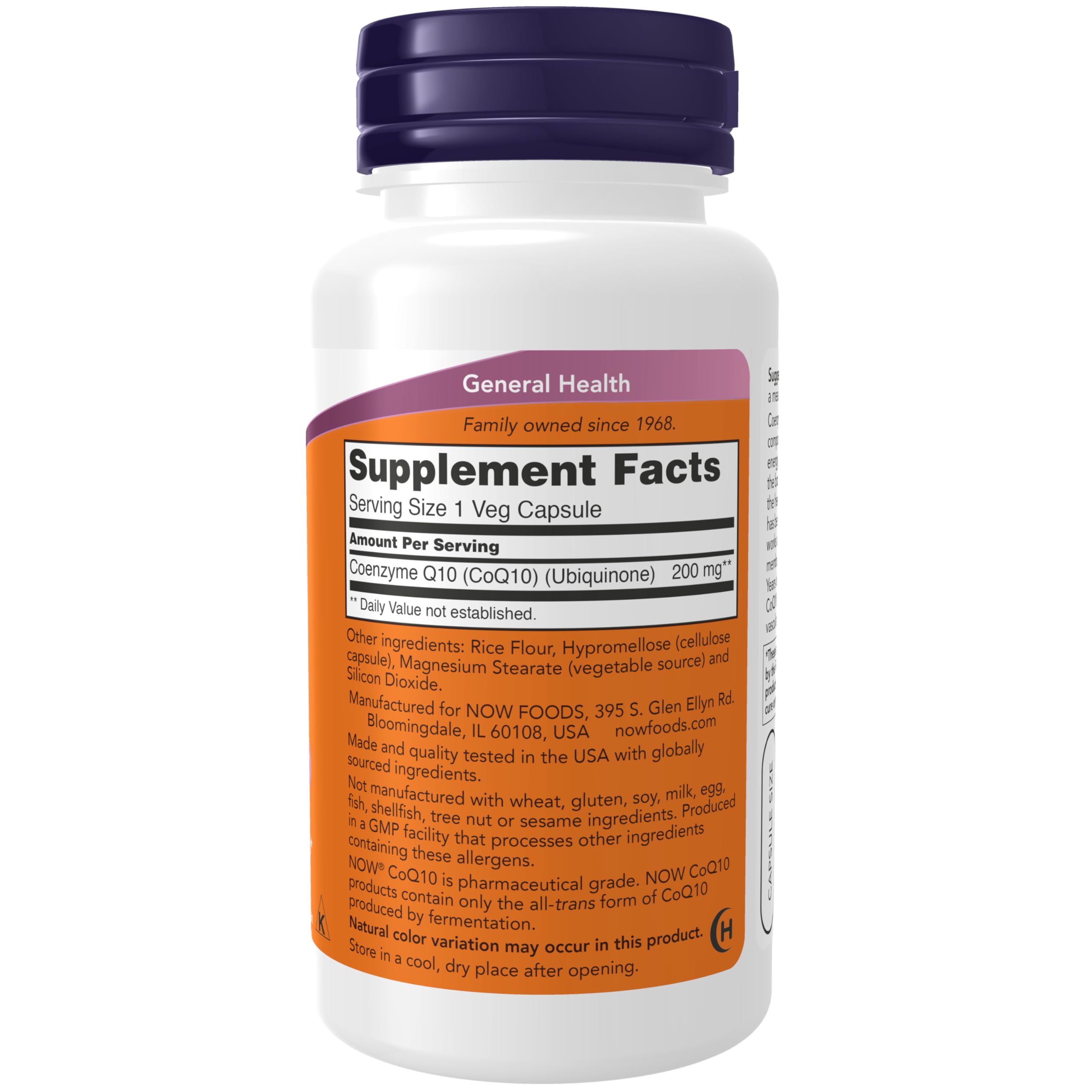 NOW Foods CoQ10 capsules 60-count front view for daily supplementation.