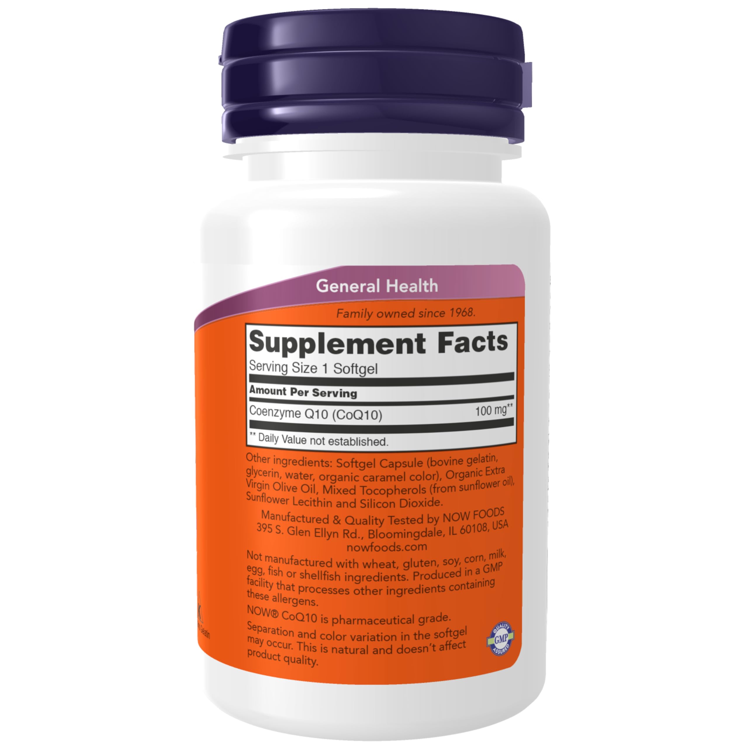 NOW Foods CoQ10 softgels label close-up highlighting product details