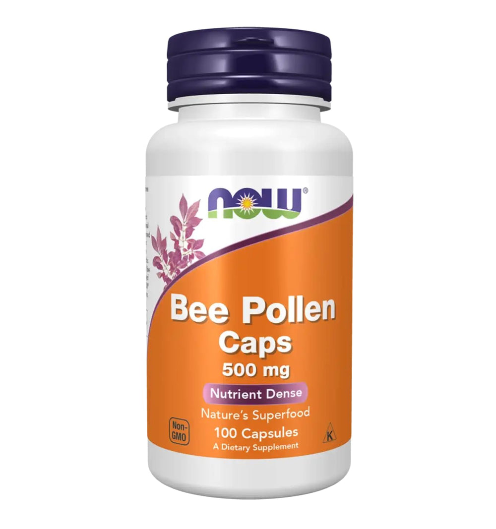 NOW Foods Crd Bee Pollen capsules close-up highlighting 500 mg per cap