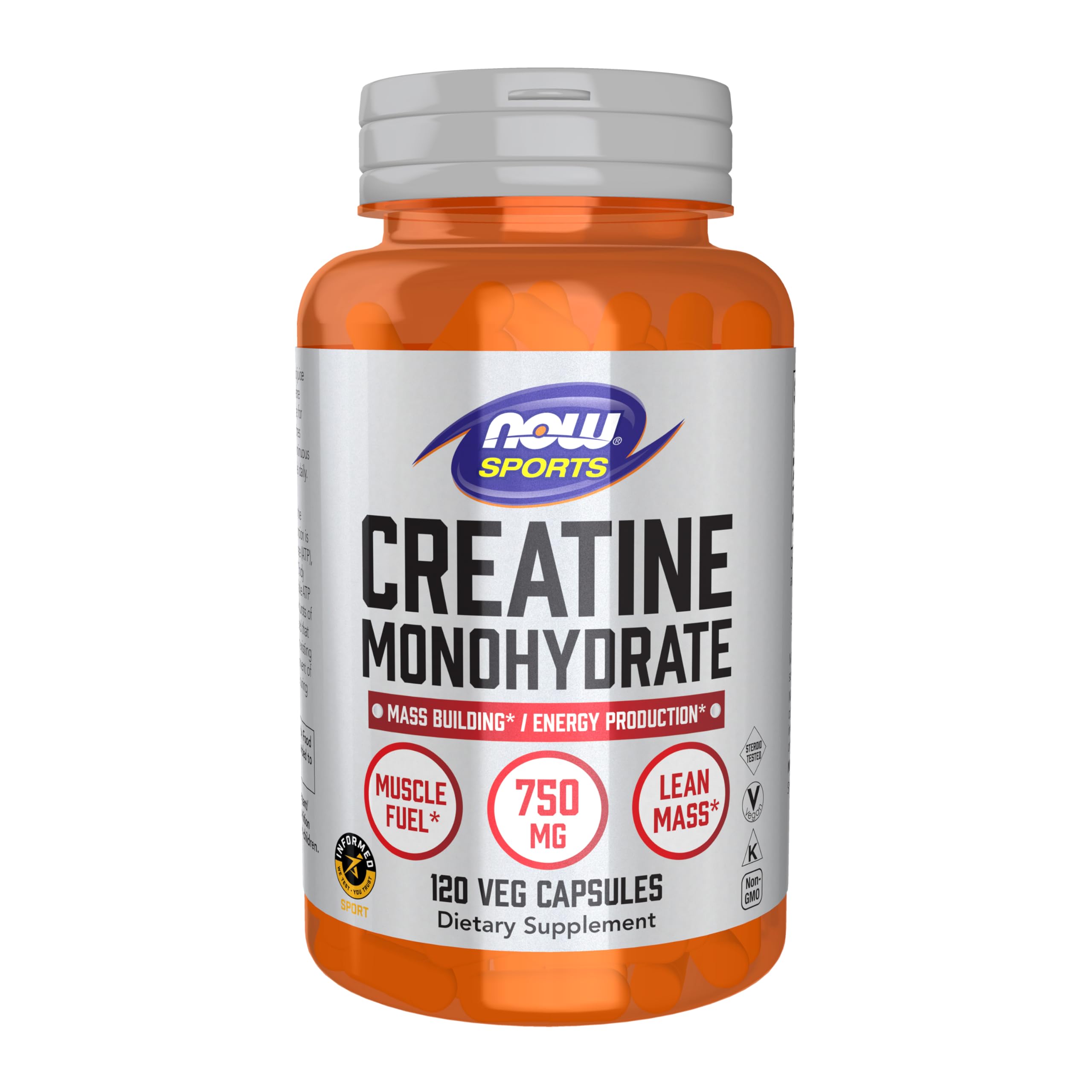 NOW Foods Creatine Monohydrate bottle for quick energy bursts during workouts.