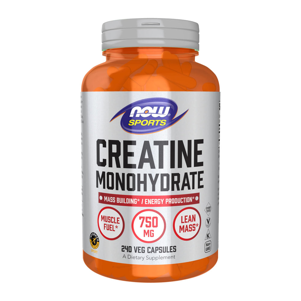 NOW Foods Creatine Monohydrate 750 mg bottle shows clear dosing for fast power during sprints.