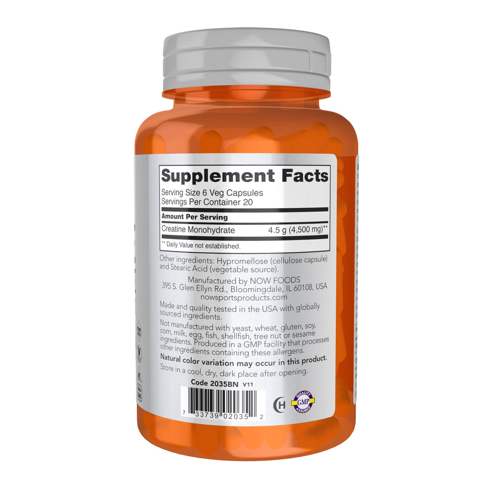 NOW Foods Creatine Monohydrate capsules close-up support lean mass goals.