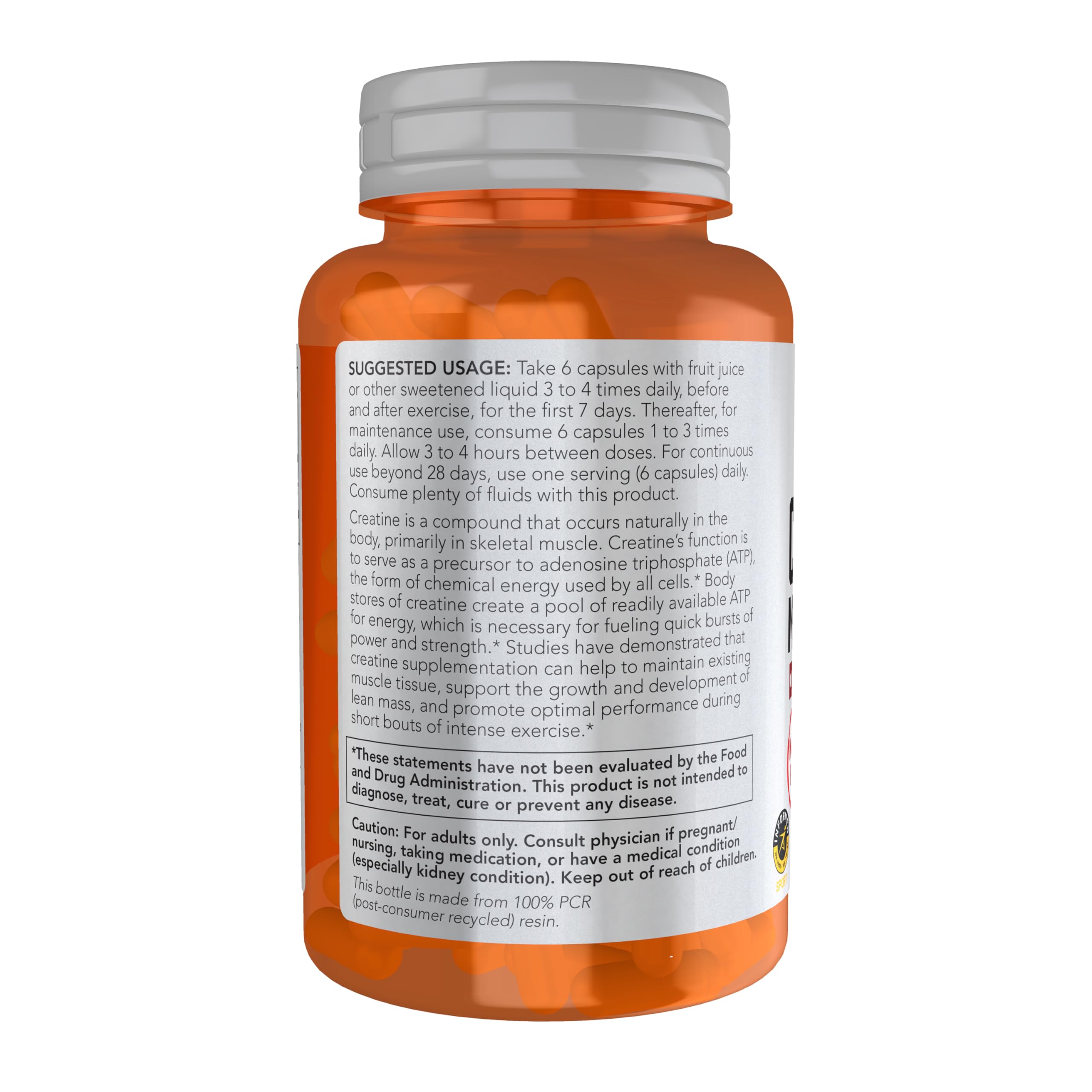 NOW Foods Creatine Monohydrate label view highlights purity and quality.