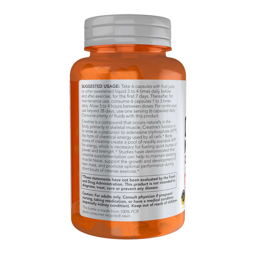 NOW Foods Creatine Monohydrate label view highlights purity and quality.