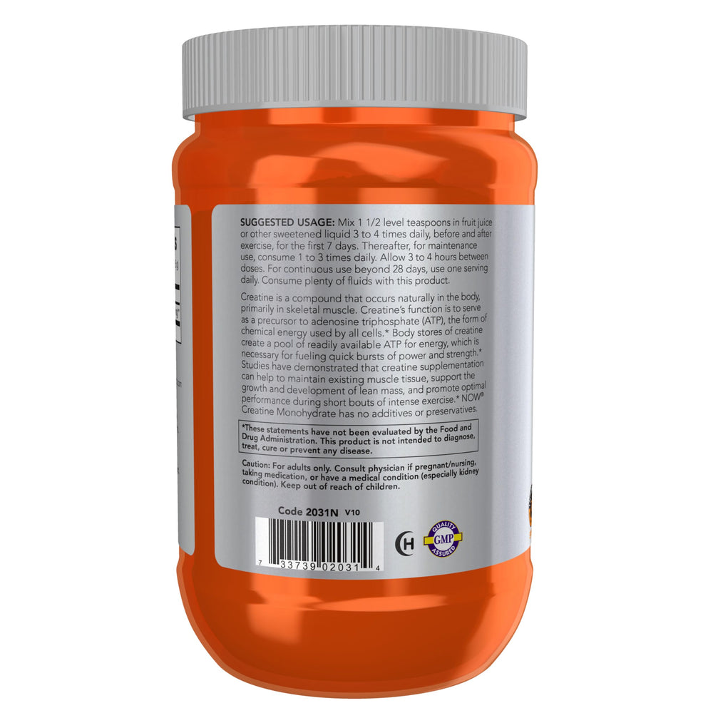 NOW Foods Creatine Monohydrate powder being poured into a glass