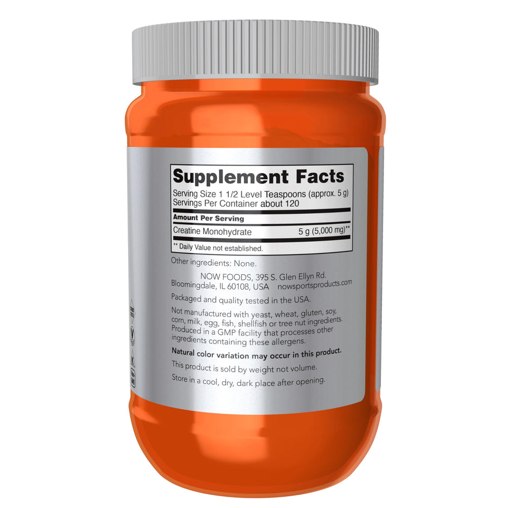 NOW Foods Creatine Monohydrate powder scoop showing precise measurement