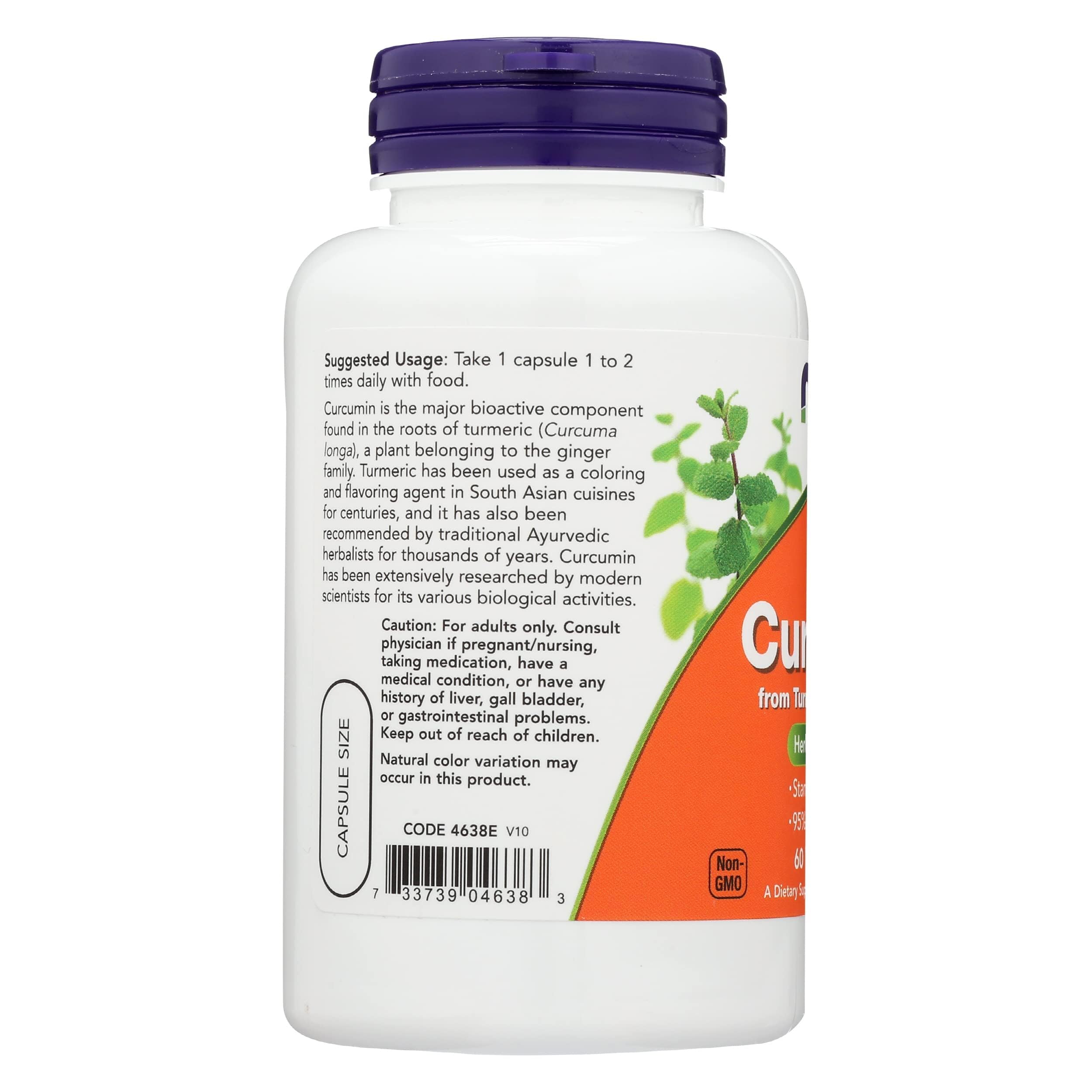 NOW Foods Curcumin Ext 95% bottle back with dosage guidance for daily use.