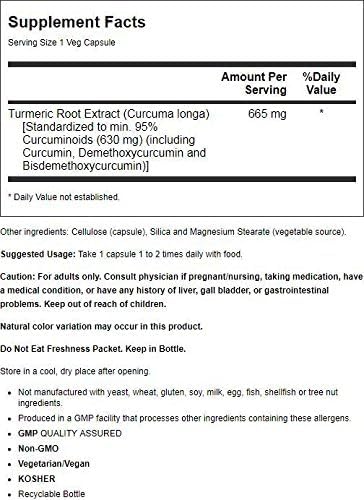 NOW Foods Curcumin Ext 95% capsules closeup highlighting 665 mg per capsule.
