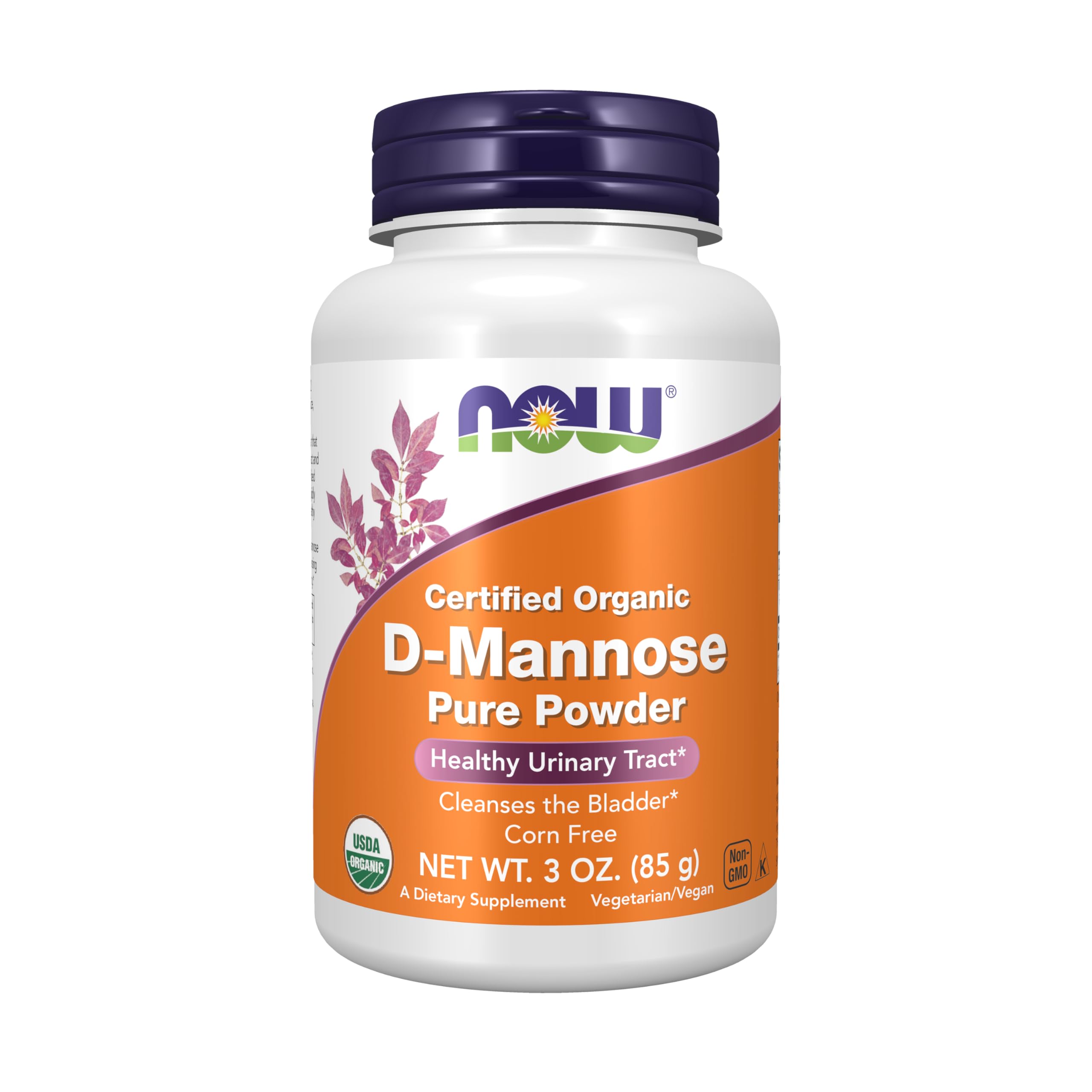 NOW Foods D-Mannose powder bottle closeup shows pure, non-GMO formula for urinary tract support.