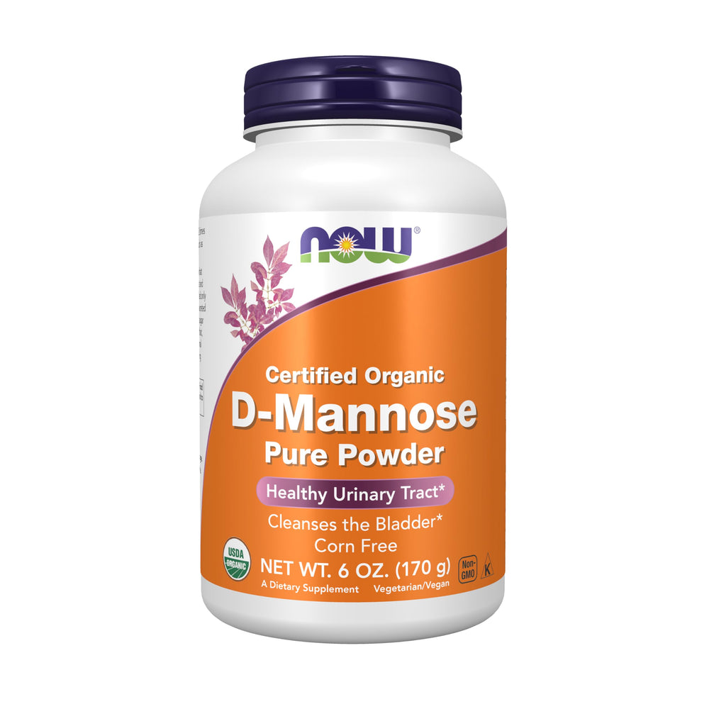 NOW Foods D-Mannose Powder bottle shows convenient daily use for urinary tract support