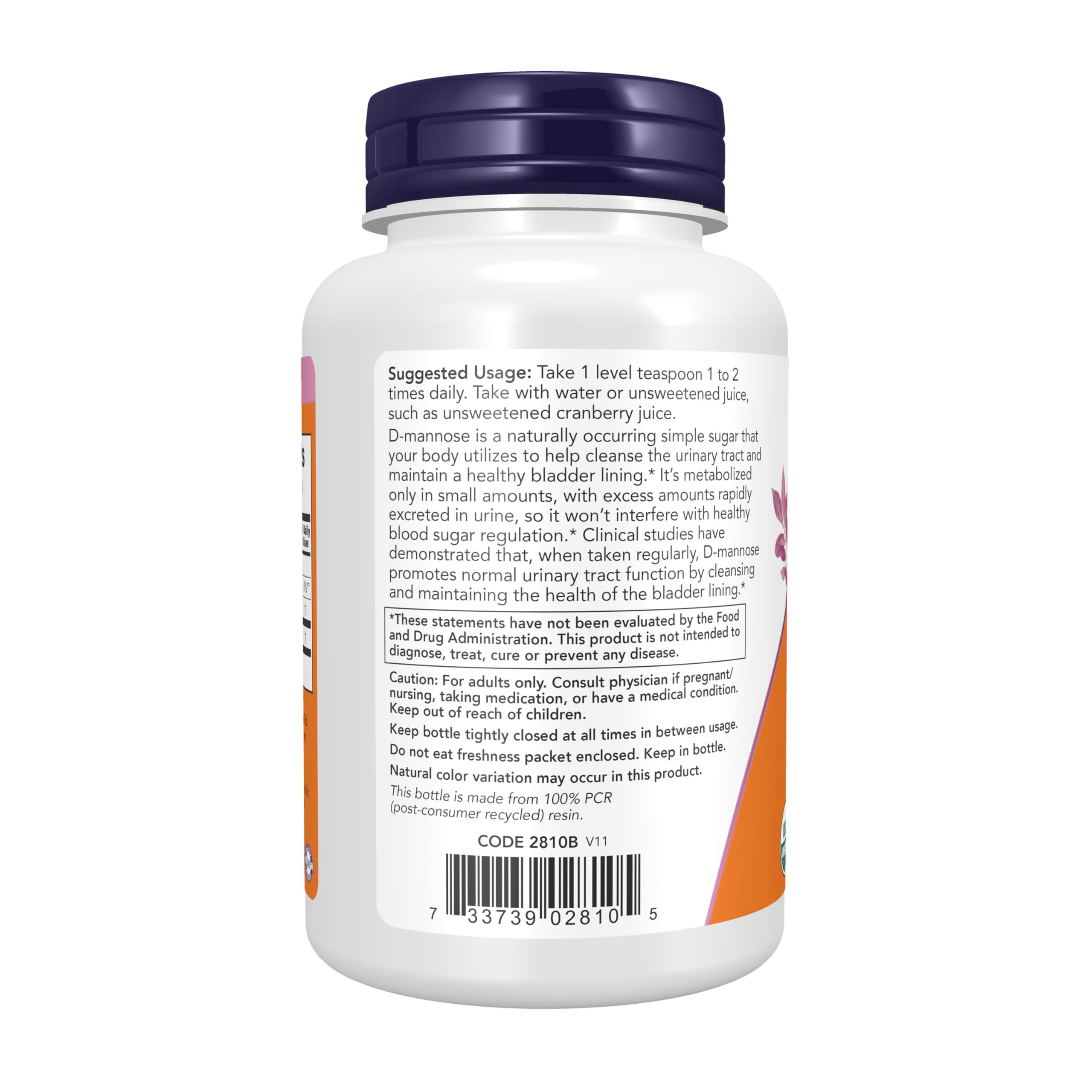 NOW Foods D-Mannose powder measuring scoop ready to mix for convenient daily routine.