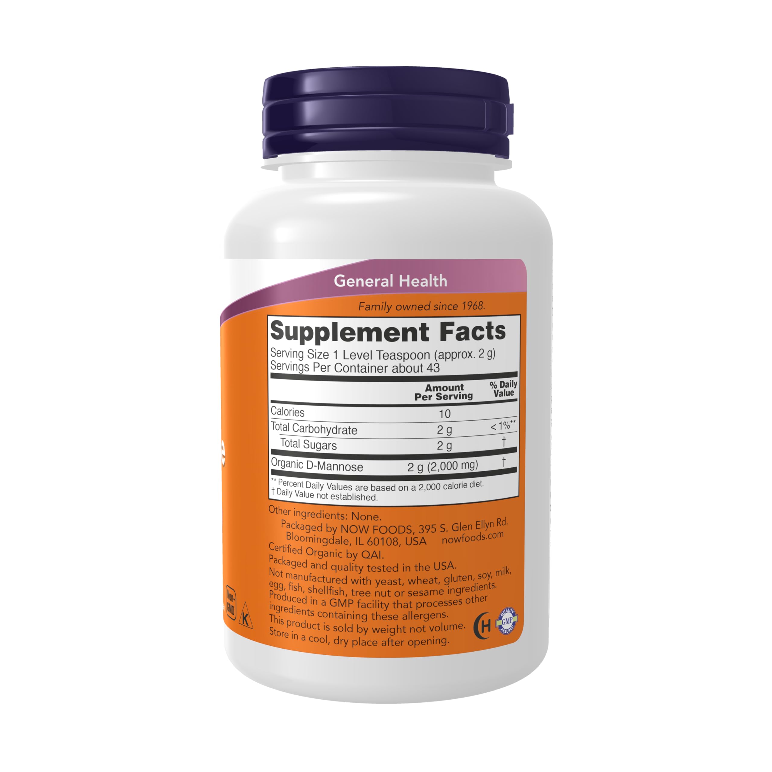 NOW Foods D-Mannose powder packaging scene highlights a compact 3-ounce jar for daily use.
