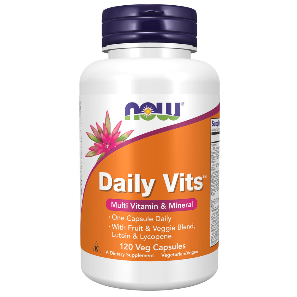 NOW Foods Daily Vits bottle closeup highlighting daily nutrition support