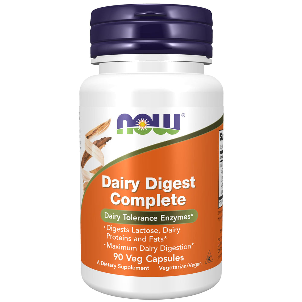 NOW Foods Dairy Digest Complete bottle label shows the dairy-enzyme blend for digestion