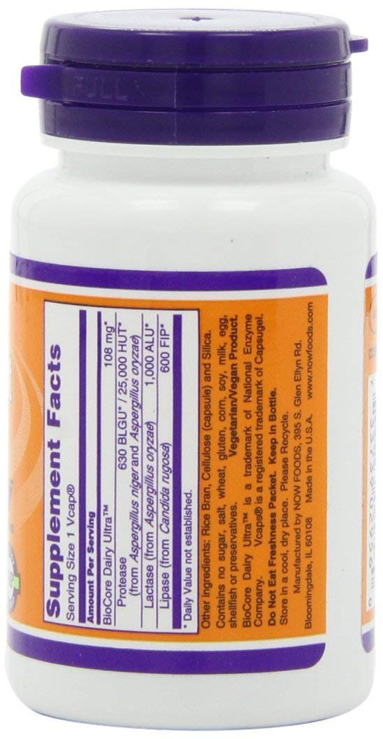 NOW Foods Dairy Digest Complete label shows enzymes for dairy digestion.