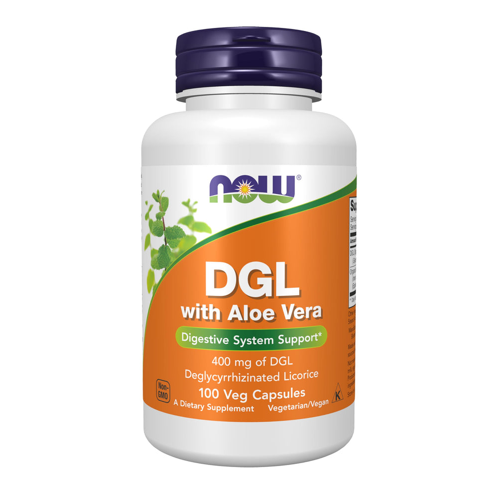 NOW Foods DGL with Aloe Vera bottle promotes daily digestive support