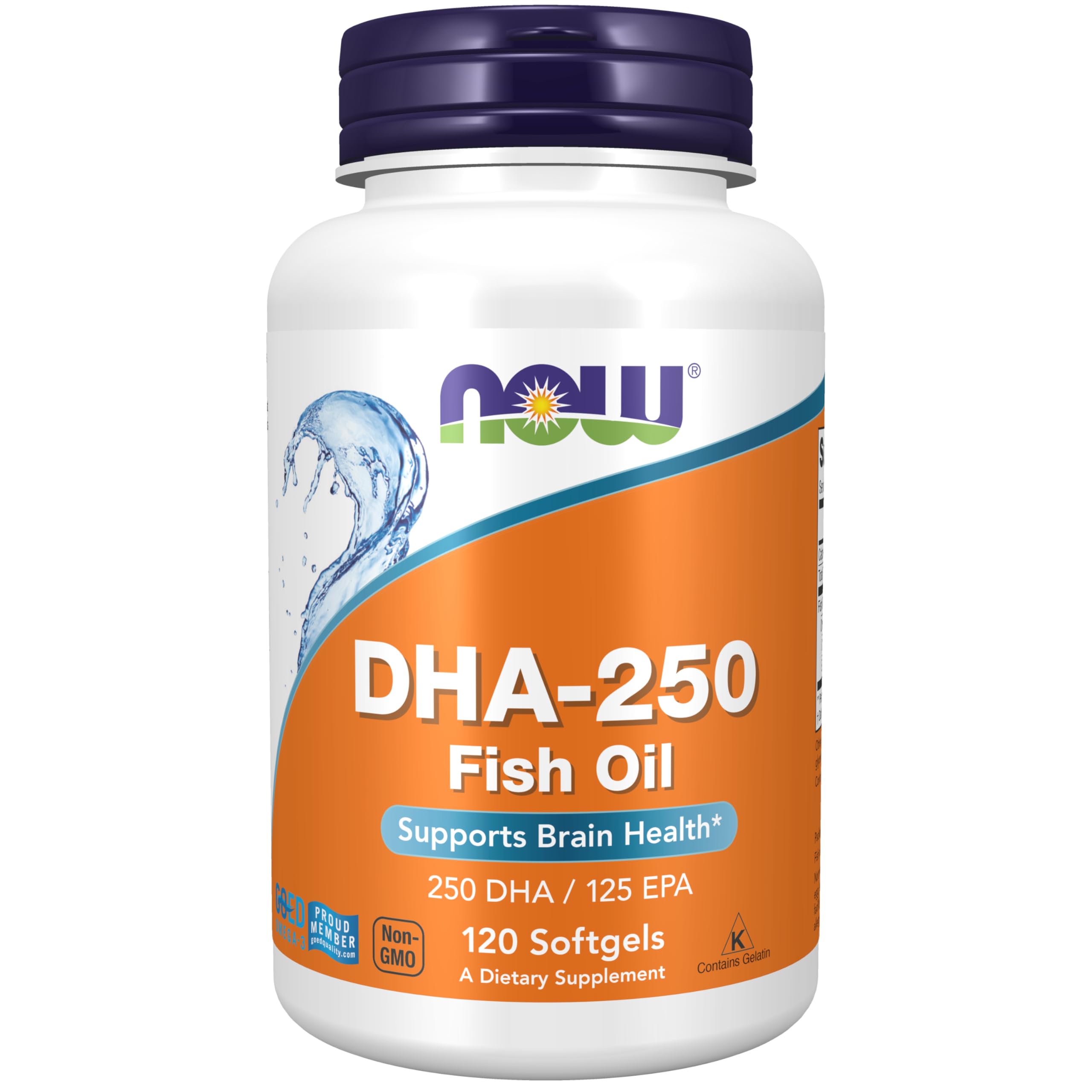 NOW Foods DHA-250 bottle label showing 250 DHA / 125 EPA for brain support