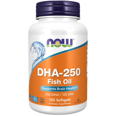 NOW Foods DHA-250 bottle label showing 250 DHA / 125 EPA for brain support