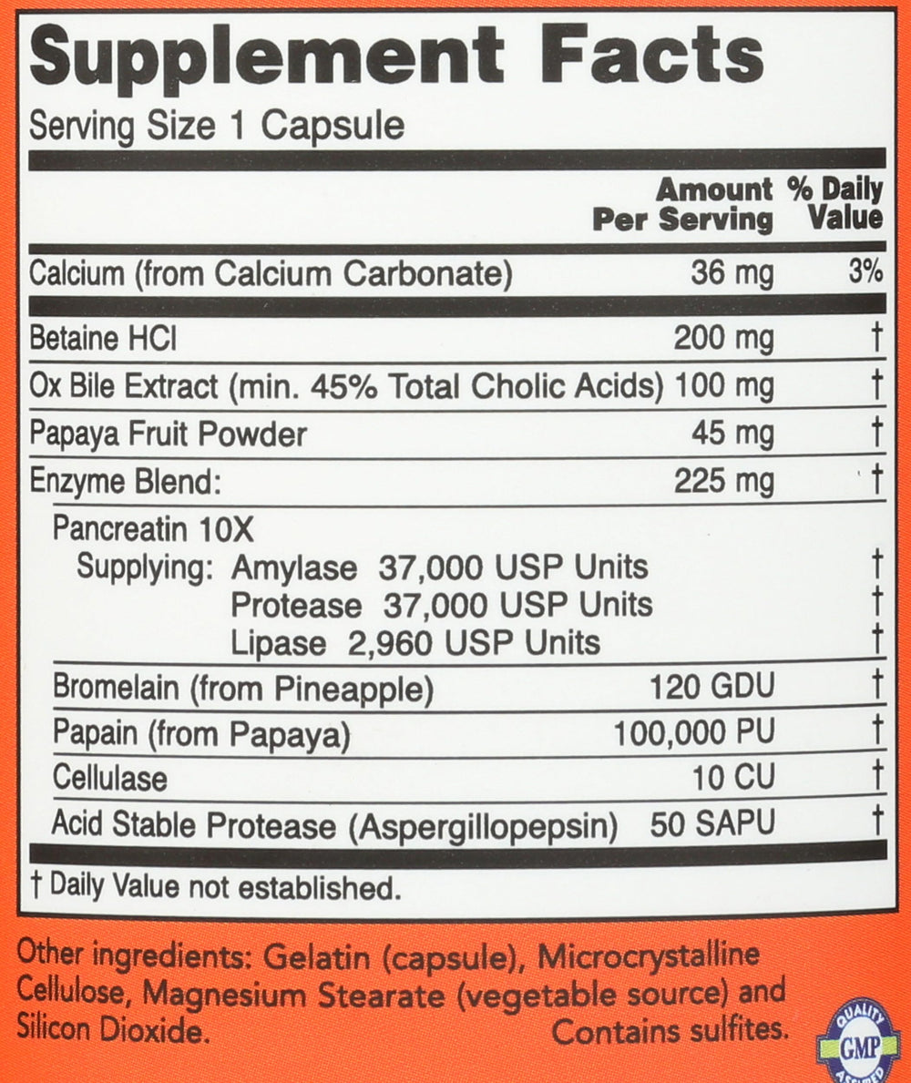 NOW Foods digestive enzyme ingredients label highlights blend for versatile digestion