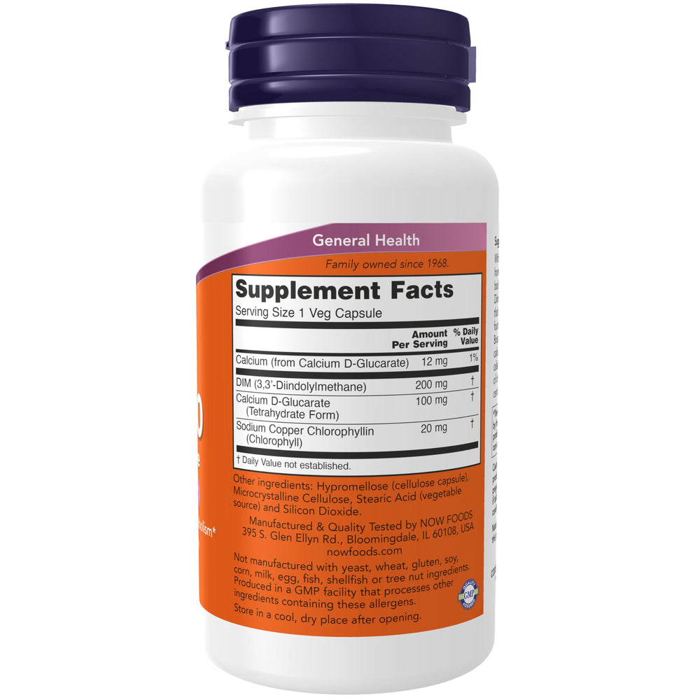 NOW Foods DIM 200 capsules close-up highlighting vegetarian capsules for detox support