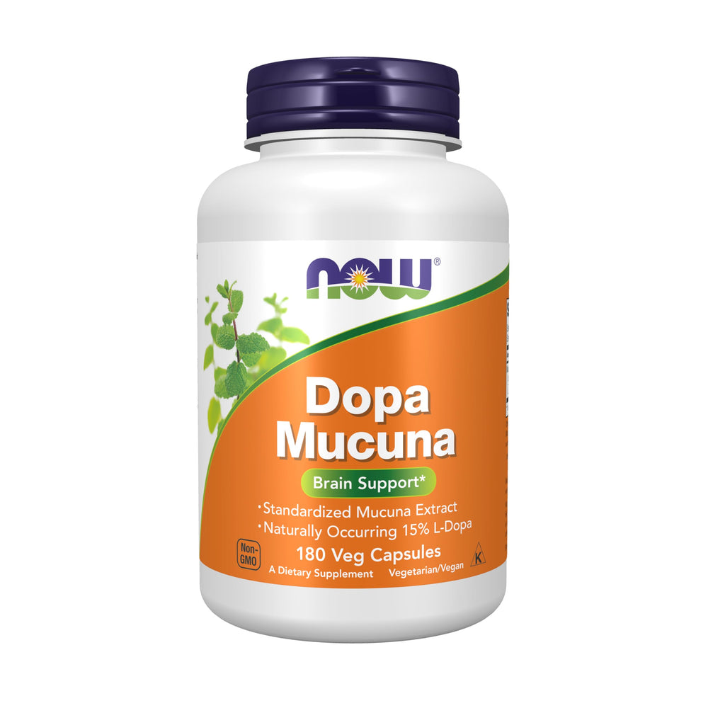 NOW Foods DOPA Mucuna bottle with standardized extract for daily wellness support