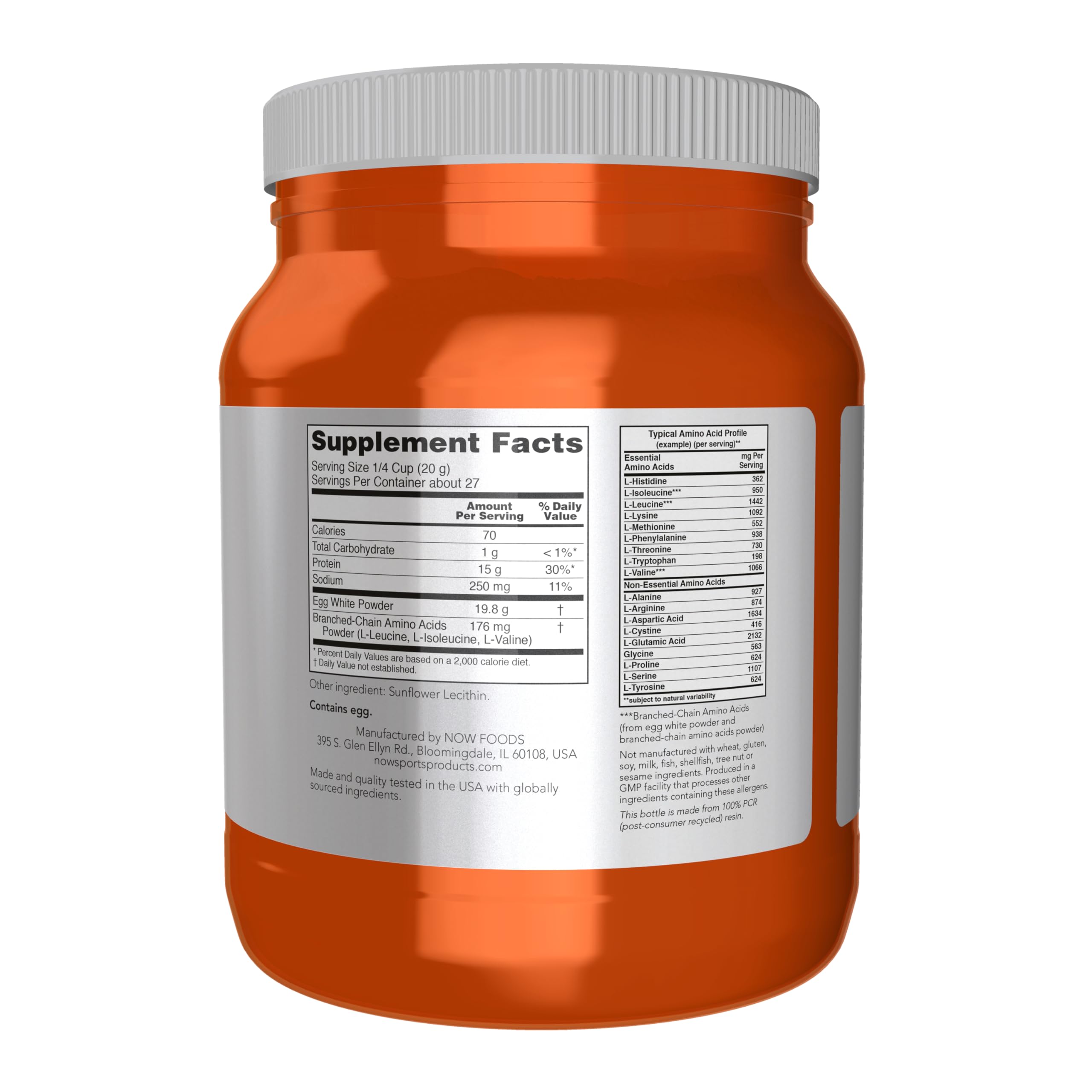 NOW Foods Egg White Protein packaging highlights purity and versatility.