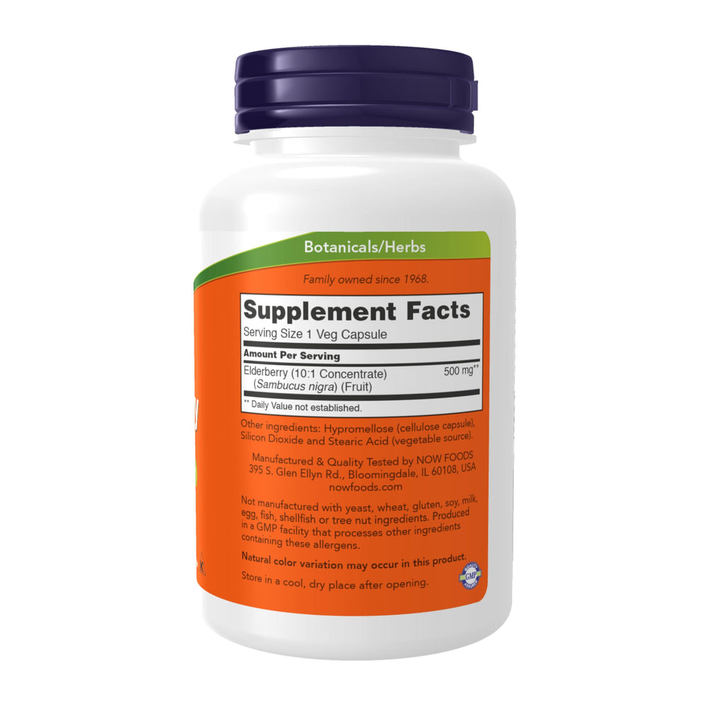 NOW Foods elderberry 10:1 concentrate capsules close-up for easy daily use.
