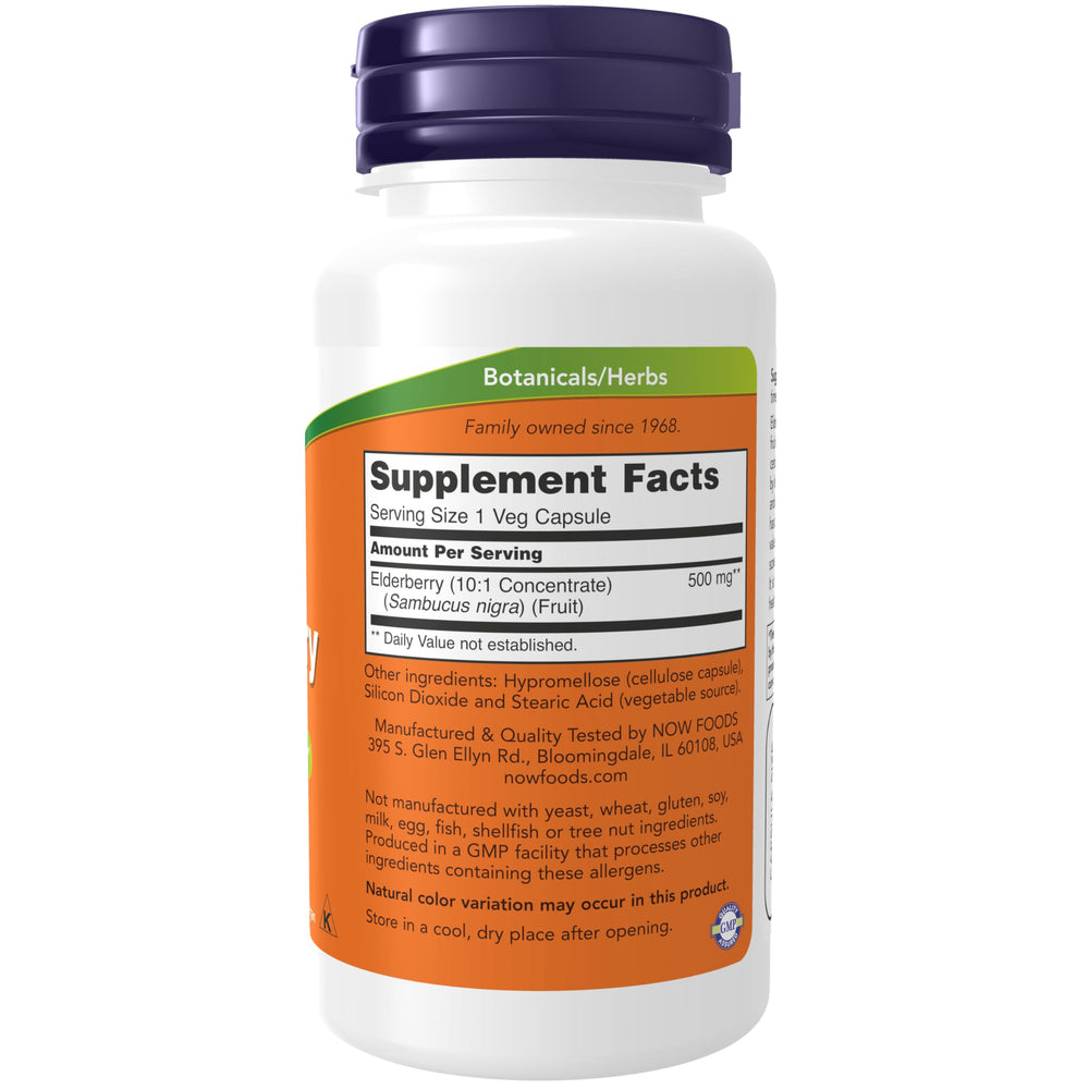 NOW Foods Elderberry 10:1 concentrate label emphasizing potency and natural heritage