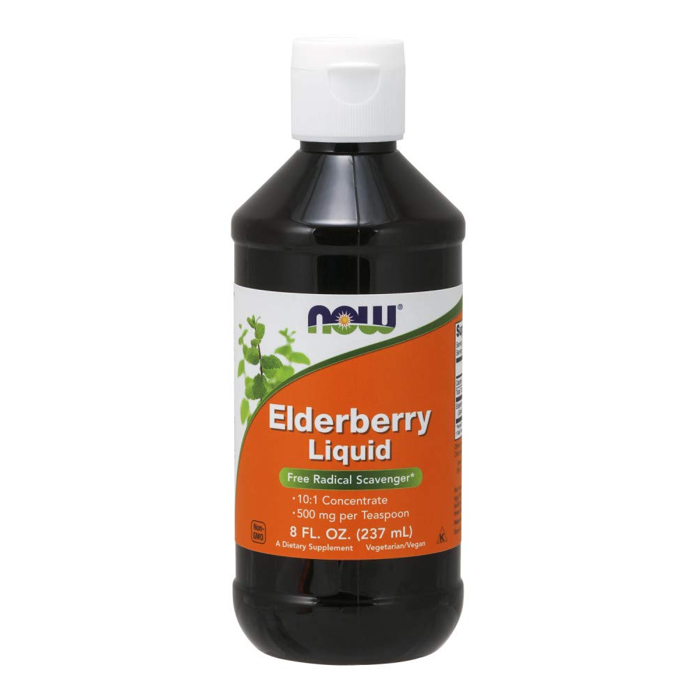 NOW Foods Elderberry Liquid bottle front, for quick berry flavor in drinks.