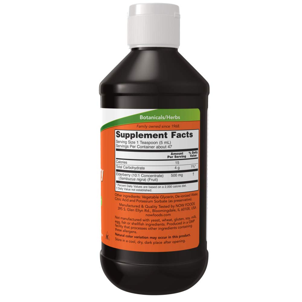 NOW Foods Elderberry Liquid bottle label closeup, highlighting 10:1 concentrate.