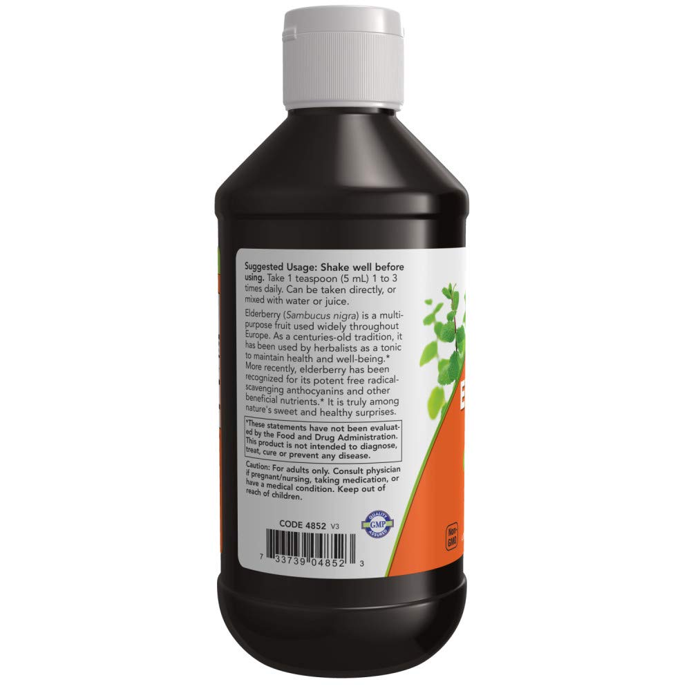 NOW Foods Elderberry Liquid dropper pour, easy measurement for beverages.