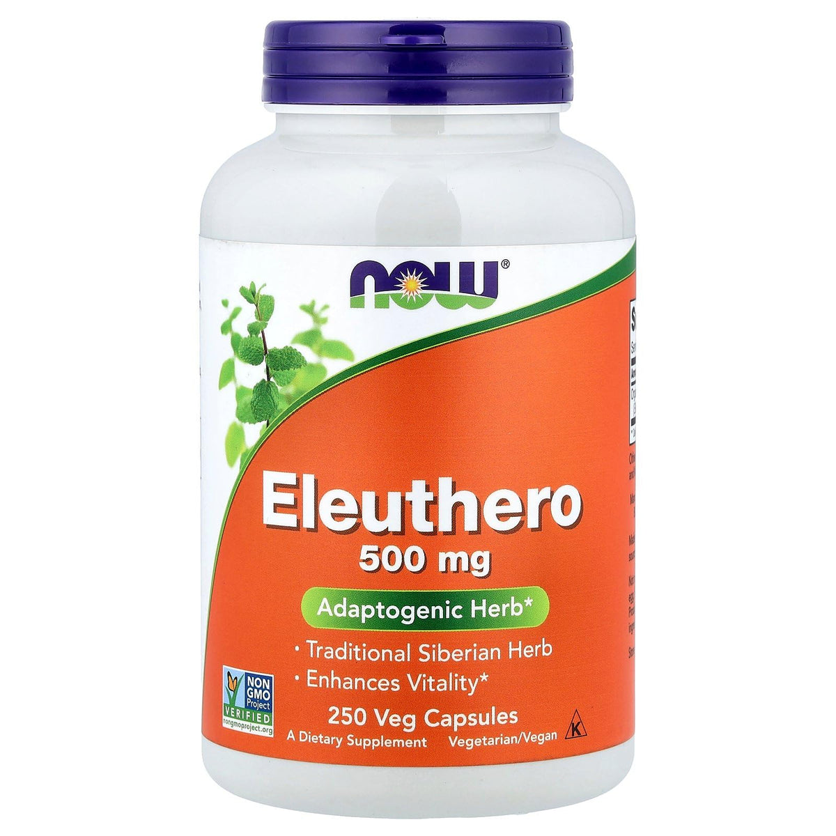 NOW Foods Eleuthero 500mg bottle close-up highlighting easy-to-swallow capsules.