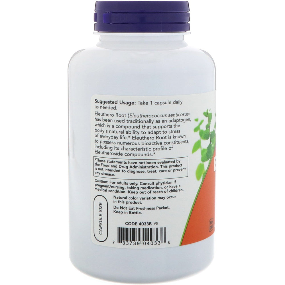 NOW Foods Eleuthero root bottle shows 250 capsules for ongoing use.