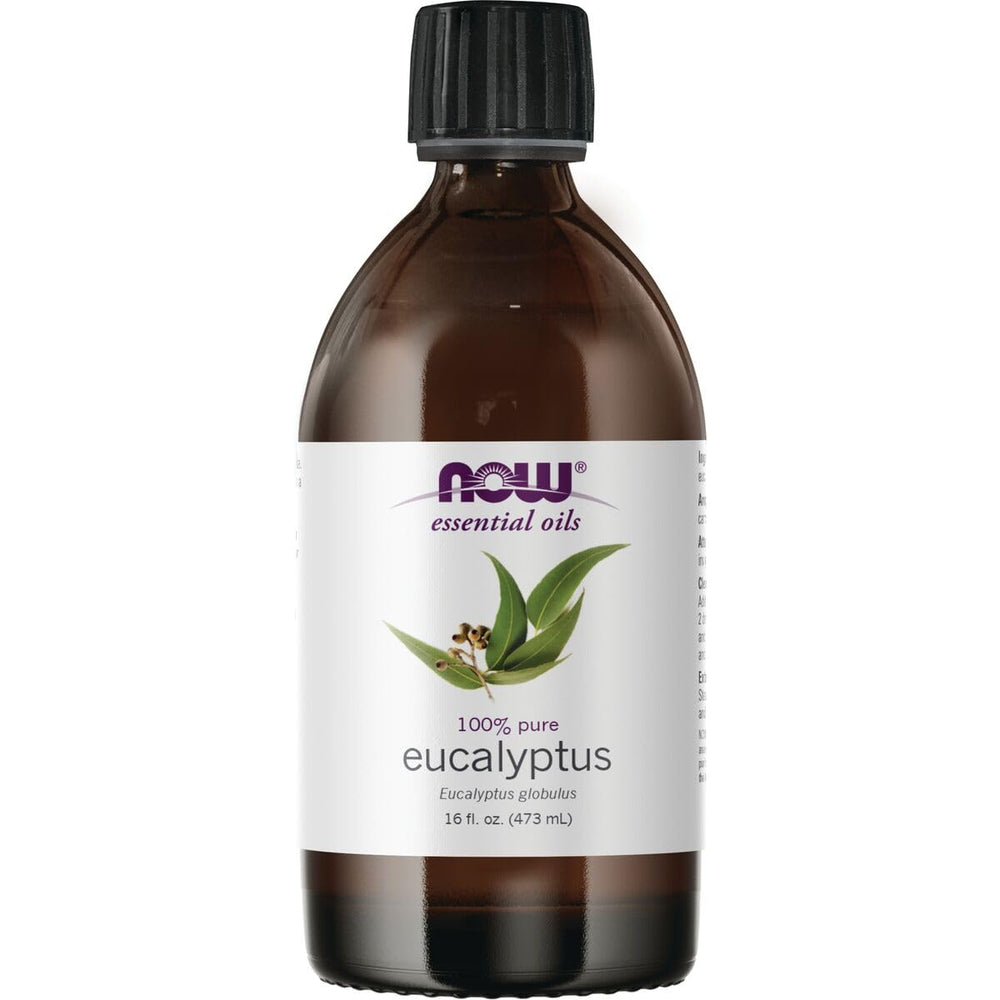 NOW Foods Eucalyptus Oil bottle with pure aroma for diffusers and blends.