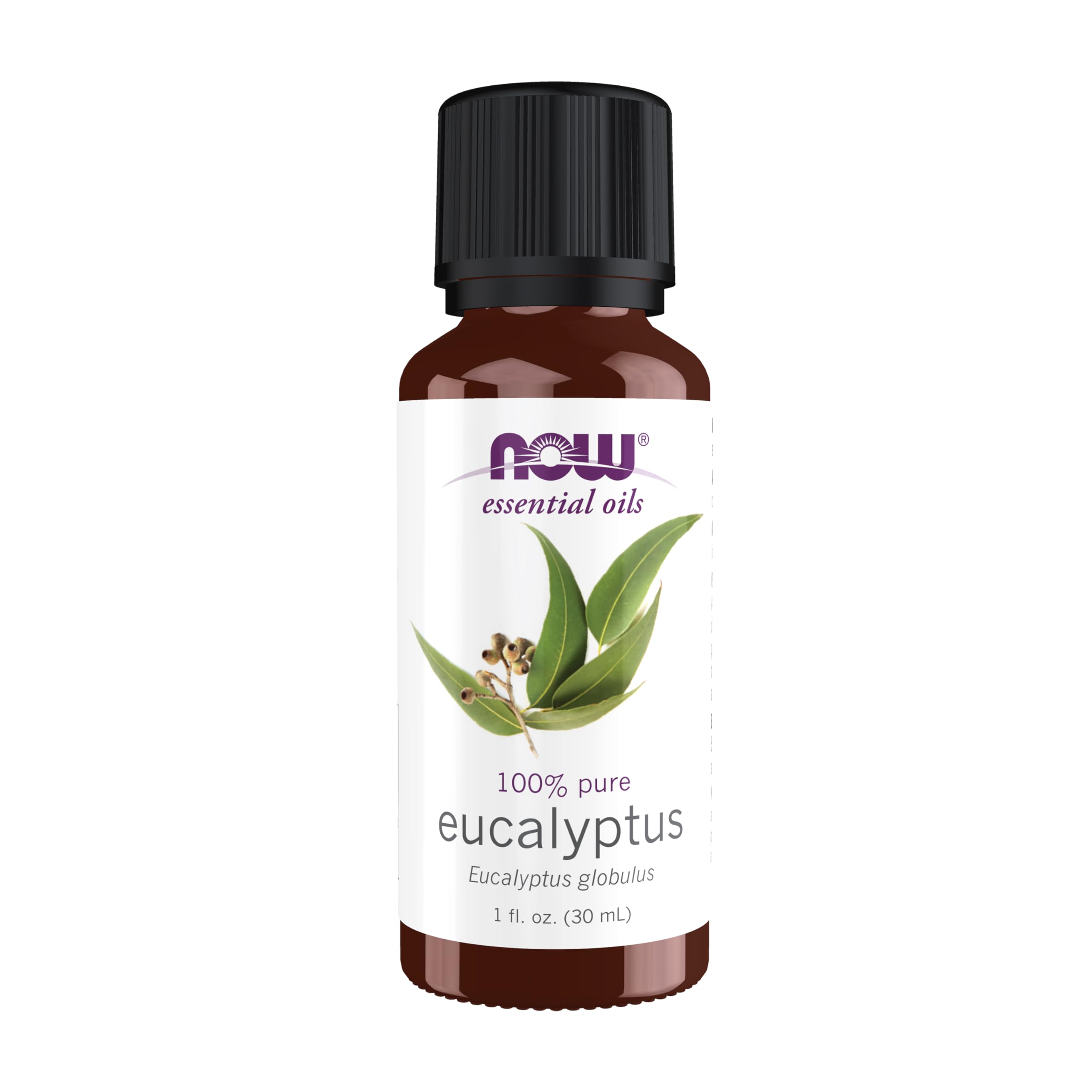 NOW Foods eucalyptus oil bottle for uplifting aromatherapy in any room.
