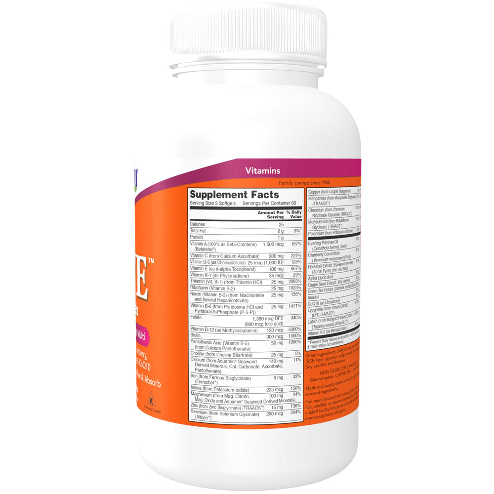 NOW Foods Eve Superior Women's Multi bottle closeup, convenient 180-count daily supplement.