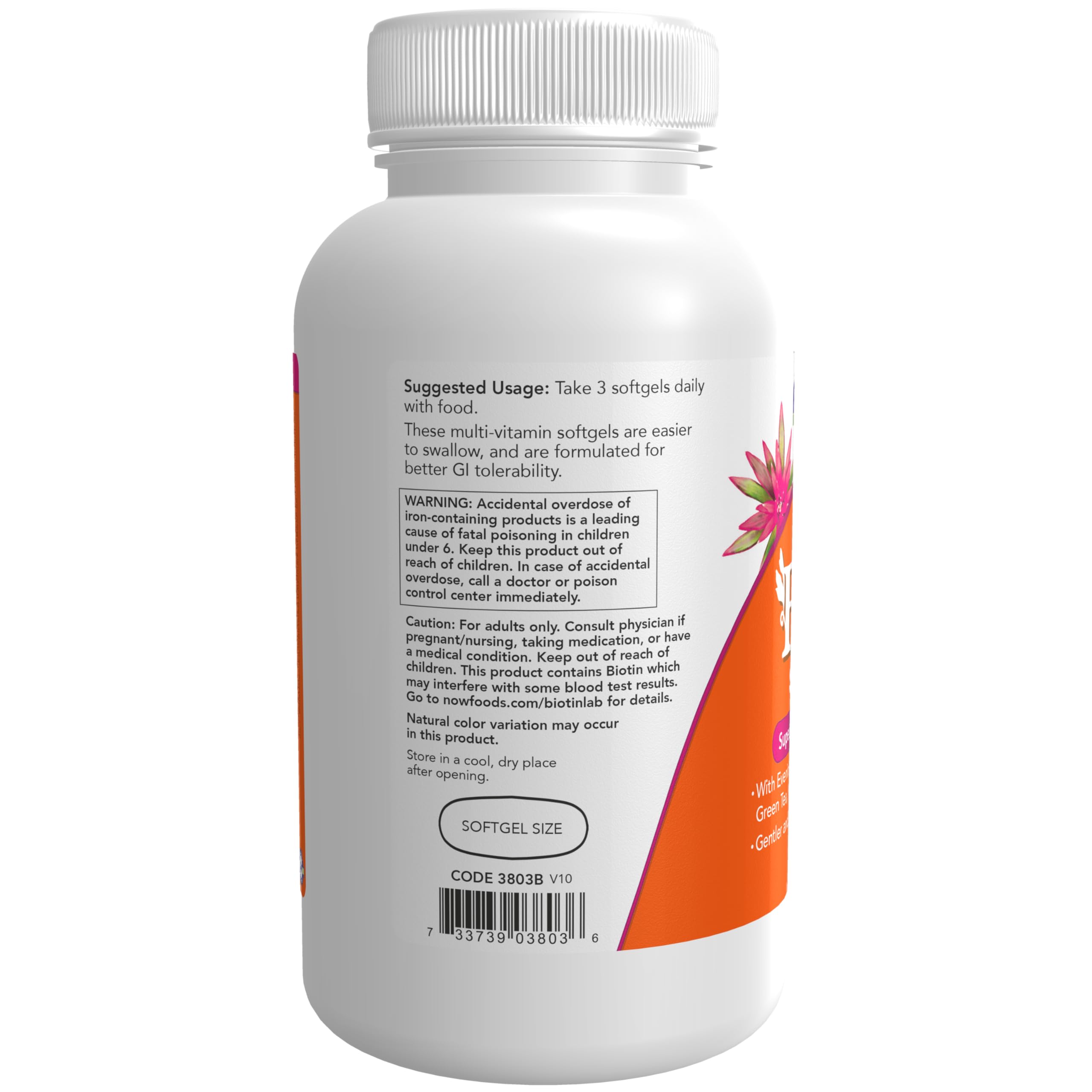 NOW Foods Eve Superior Women's Multi ingredients label, featuring evening primrose, cranberry, green tea, and CoQ10.
