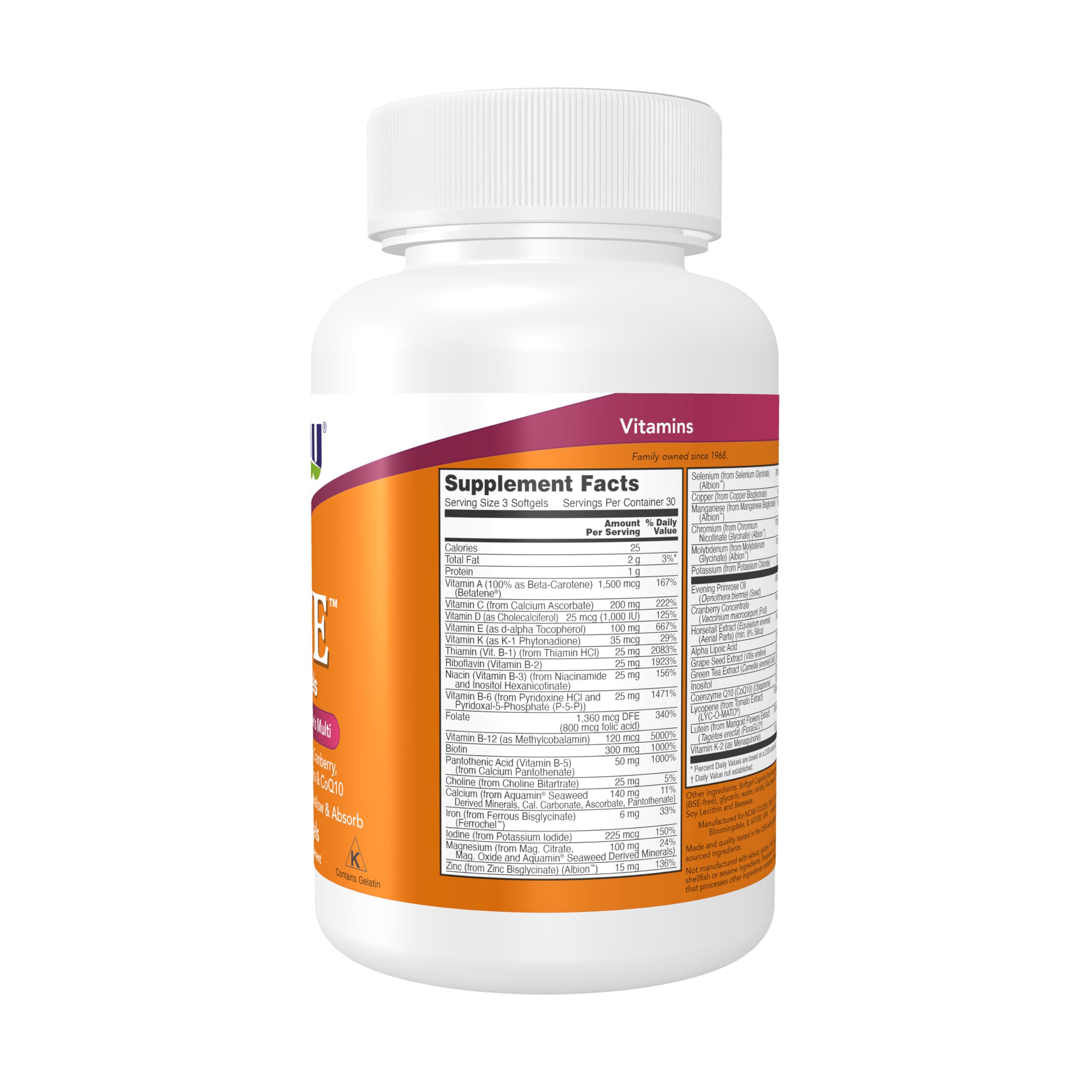 NOW Foods Eve bottle back showing dosage and ingredient notes for GI-friendly use