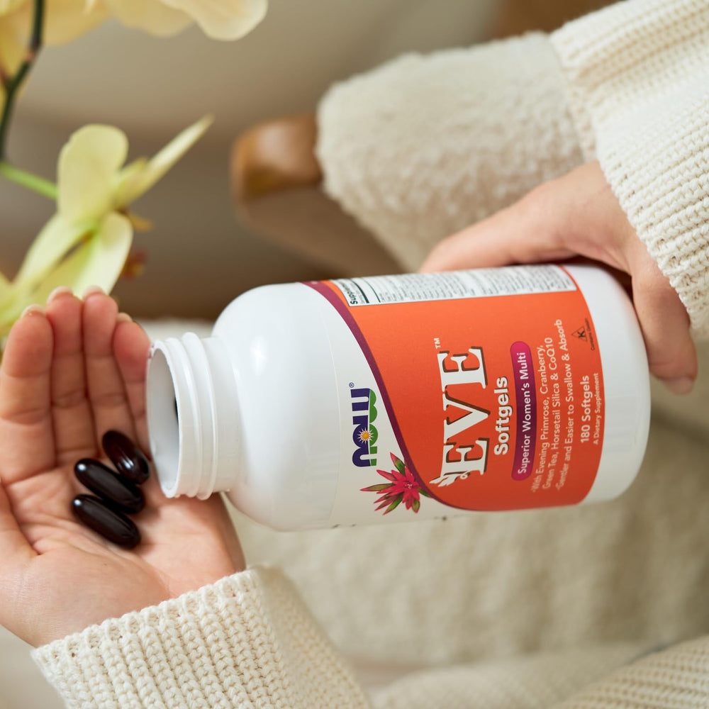 NOW Foods Eve CoQ10 softgels closeup signaling energy-supportive ingredients.