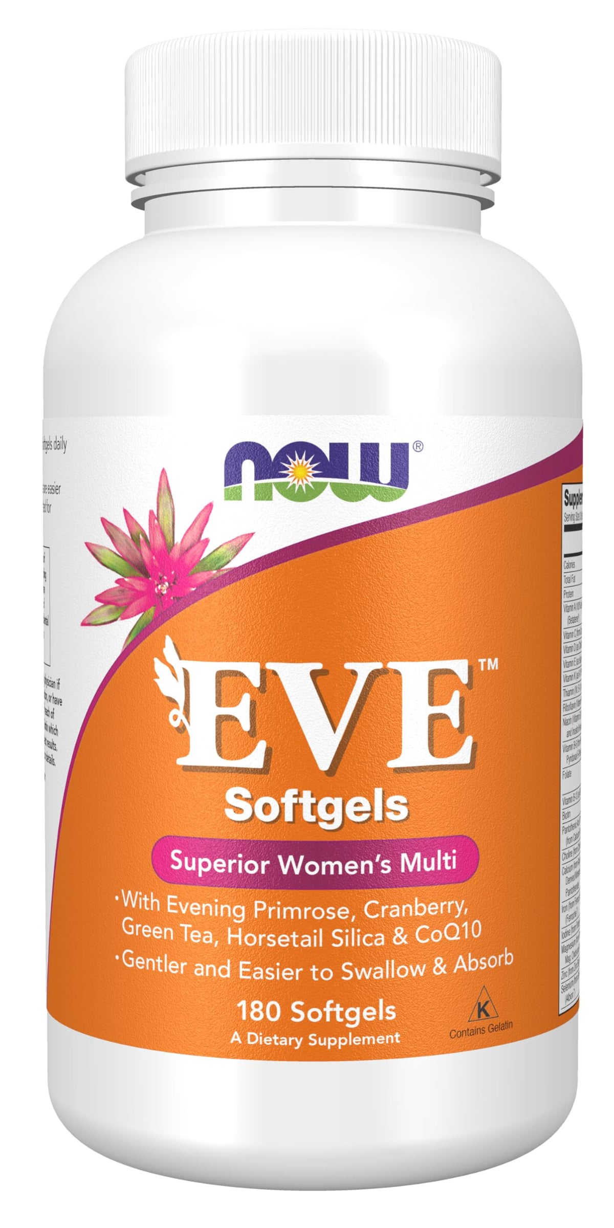 NOW Foods Eve softgels bottle for easier swallowing and daily wellness.