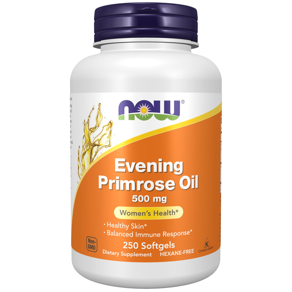 NOW Foods Evening Primrose Oil bottle with softgels for daily skin support.