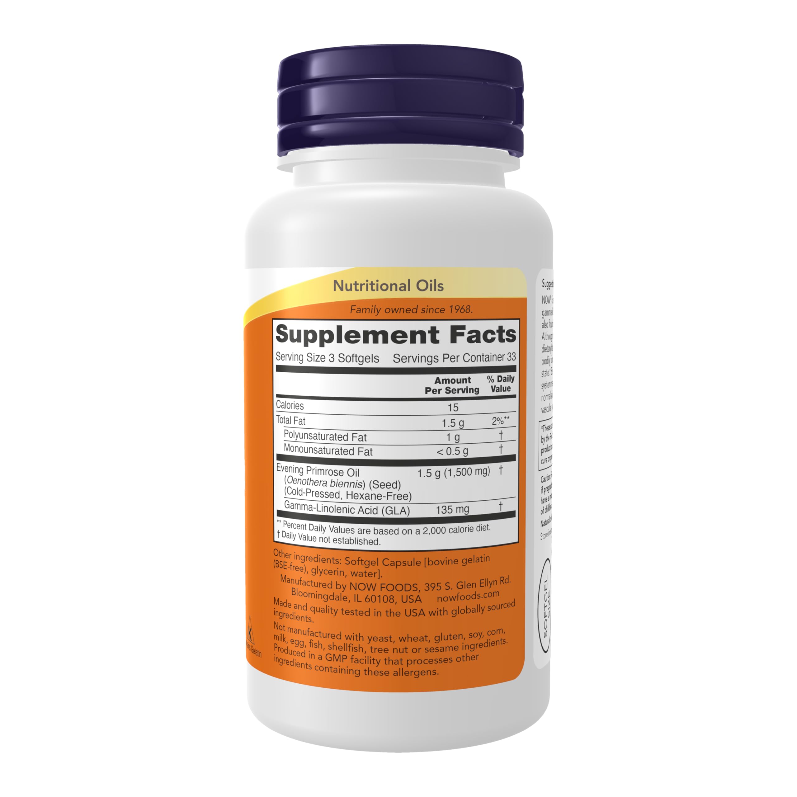 NOW Foods Evening Primrose Oil softgels closeup showing capsules for daily use.