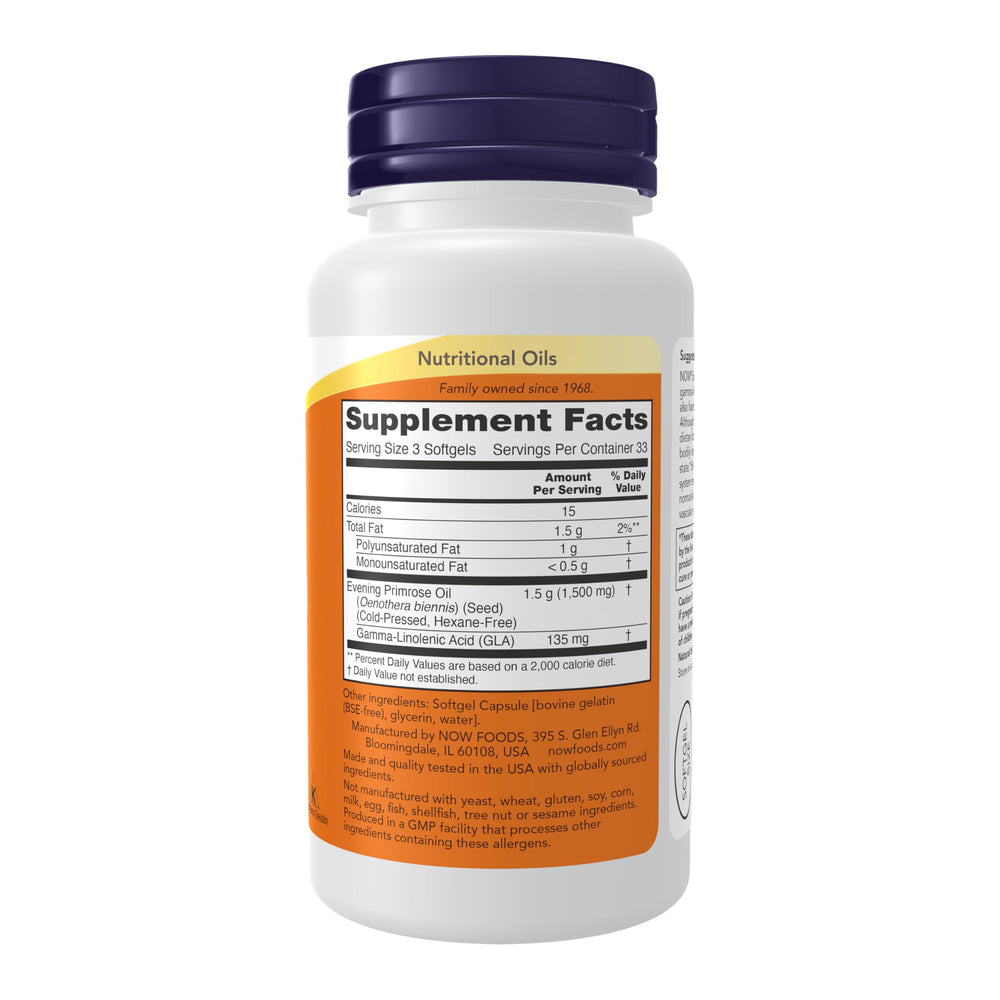 NOW Foods Evening Primrose Oil softgels closeup showing capsules for daily use.